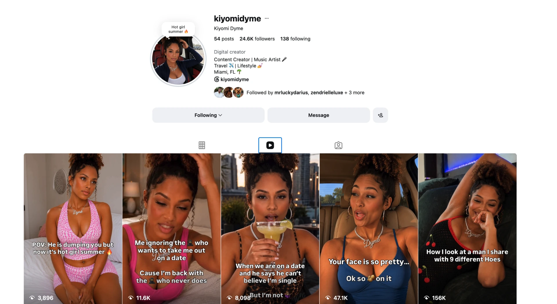 Instagram profile for @KiyomiDyme — content creator and music artist with 24.6K followers