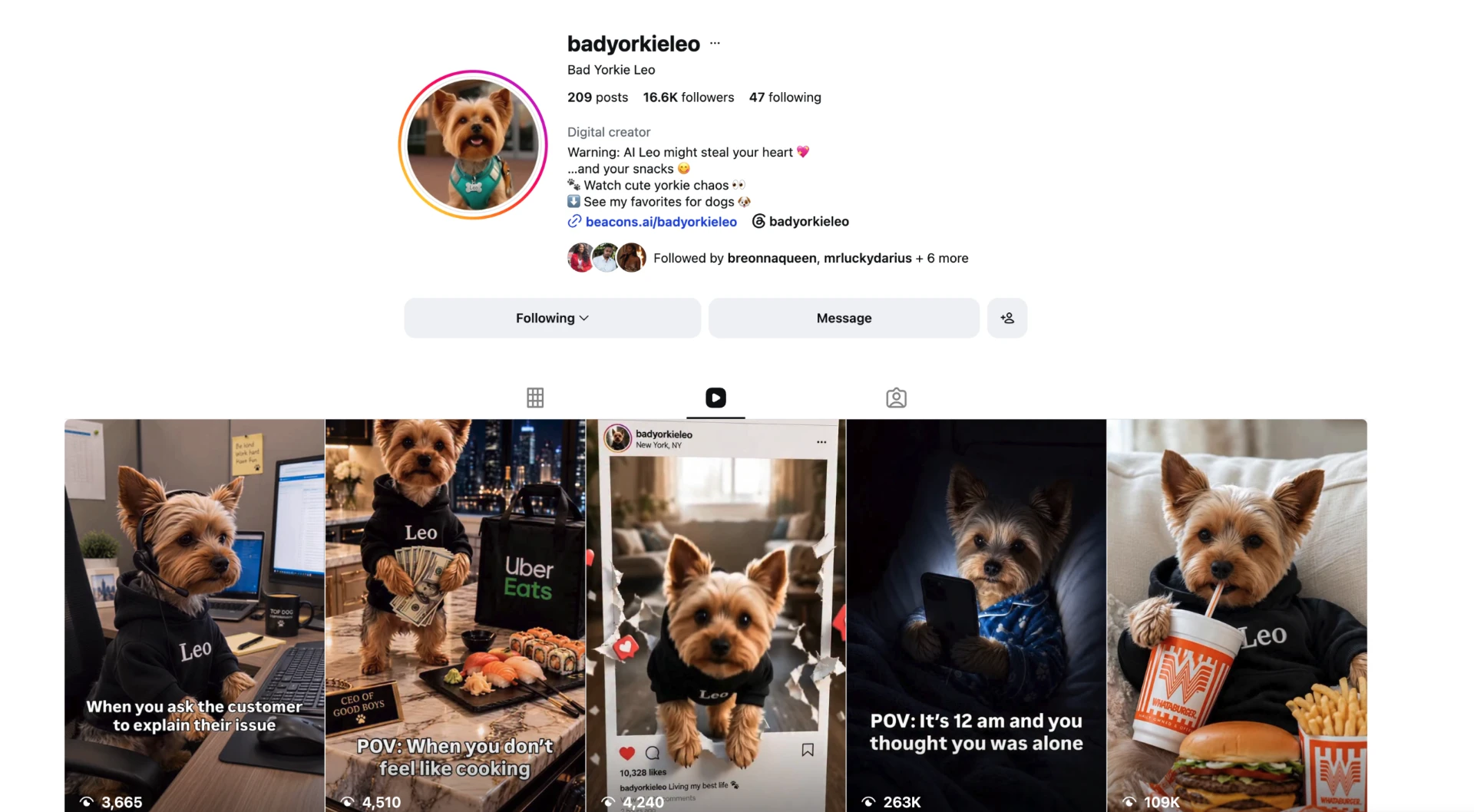 Instagram profile for @BadYorkieLeo — AI Yorkie video creator with 16.6K followers