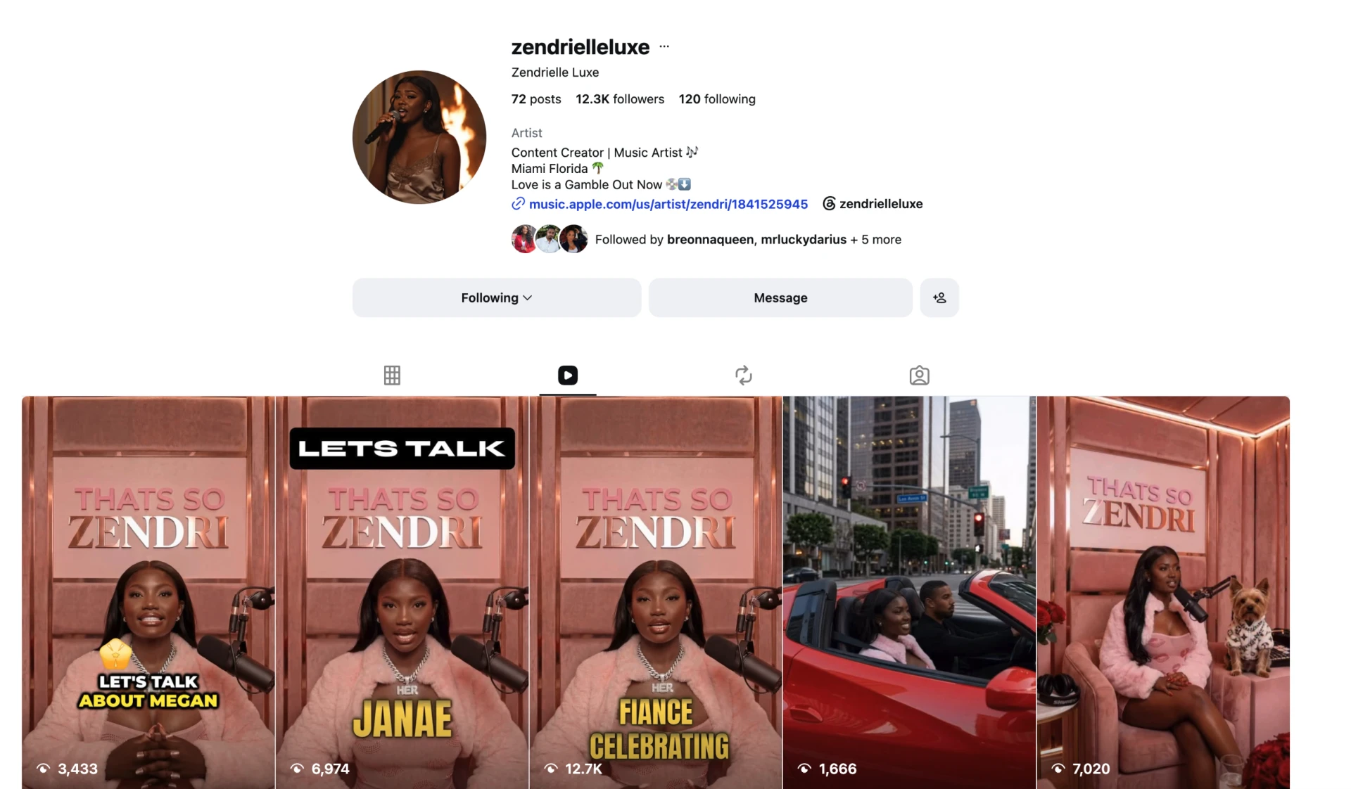 Instagram profile for @ZendrielleLuxe — content creator and music artist with 12.3K followers