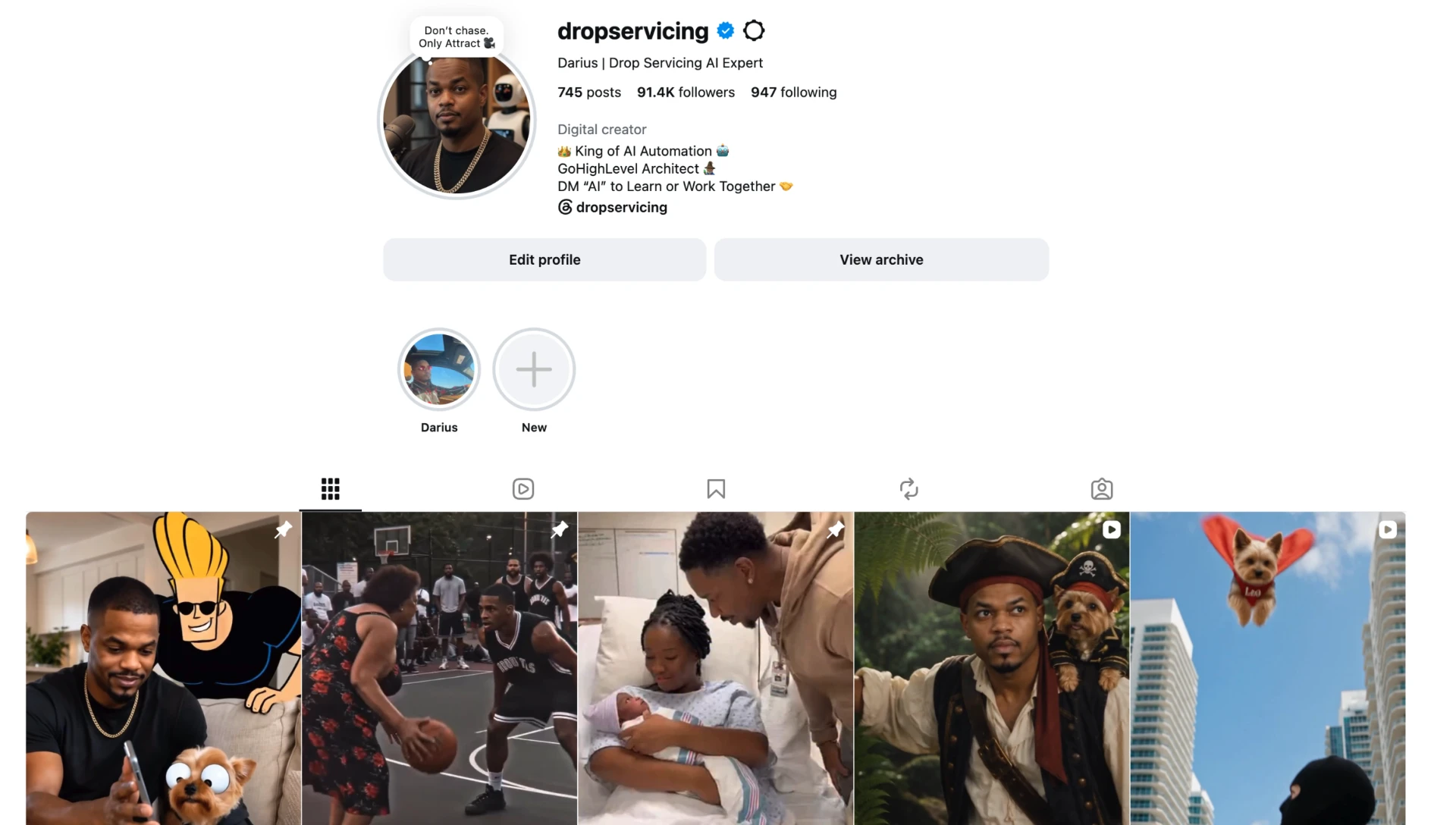 Instagram profile for @Dropservicing — Darius, Drop Servicing AI Expert, with 91.4K followers